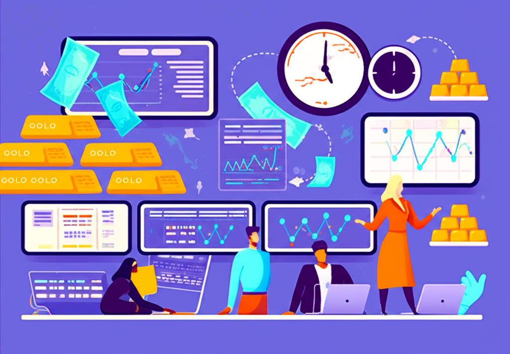 全球金融市場波動圖示,顯示外匯股市黃金資產與非農數據發布時鐘,投資人注視螢幕