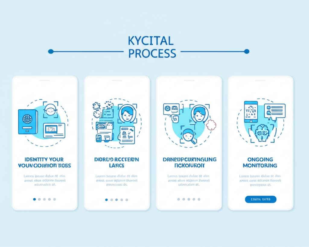 illustration showing a step by step KYC process with icons representing identity documents facial recognition and ongoing monitoring all within a digital and efficient environment