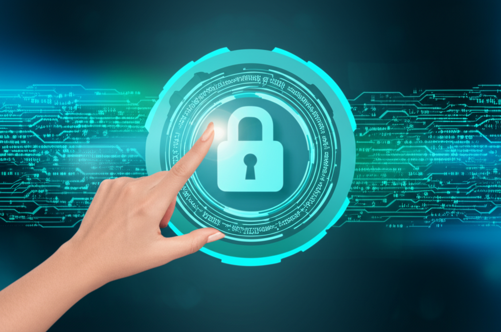 illustration of a person interacting with a digital interface for identity verification a lock icon and secure data flows in the background representing Know Your Customer concepts and financial security