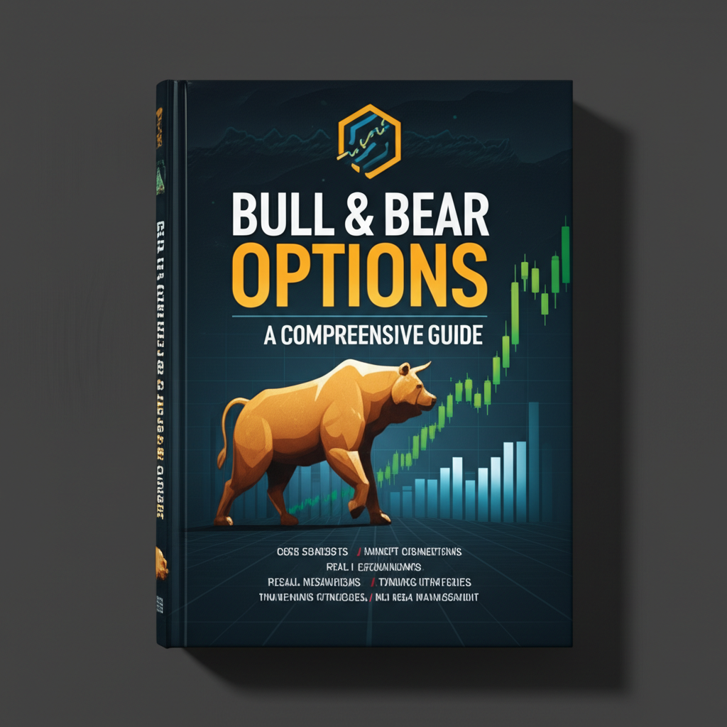 Illustration of a comprehensive guide book on bull bear options explaining core concepts market connections recall mechanisms trading strategies and risk management for investors