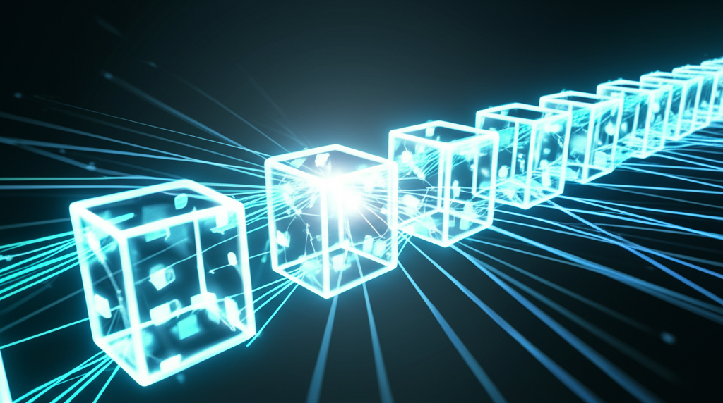 An illustration showing digital transactions being broadcast across numerous nodes then securely packaged into immutable blocks on a transparent blockchain highlighting data integrity and trust building