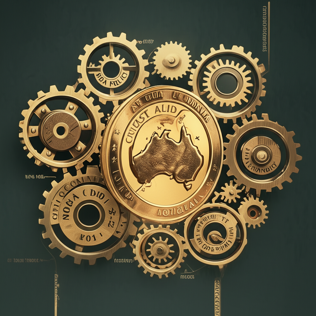An illustration of a complex web of interconnected gears and levers each labeled with economic factors like RBA policy commodity prices global economy influencing a central AUD coin