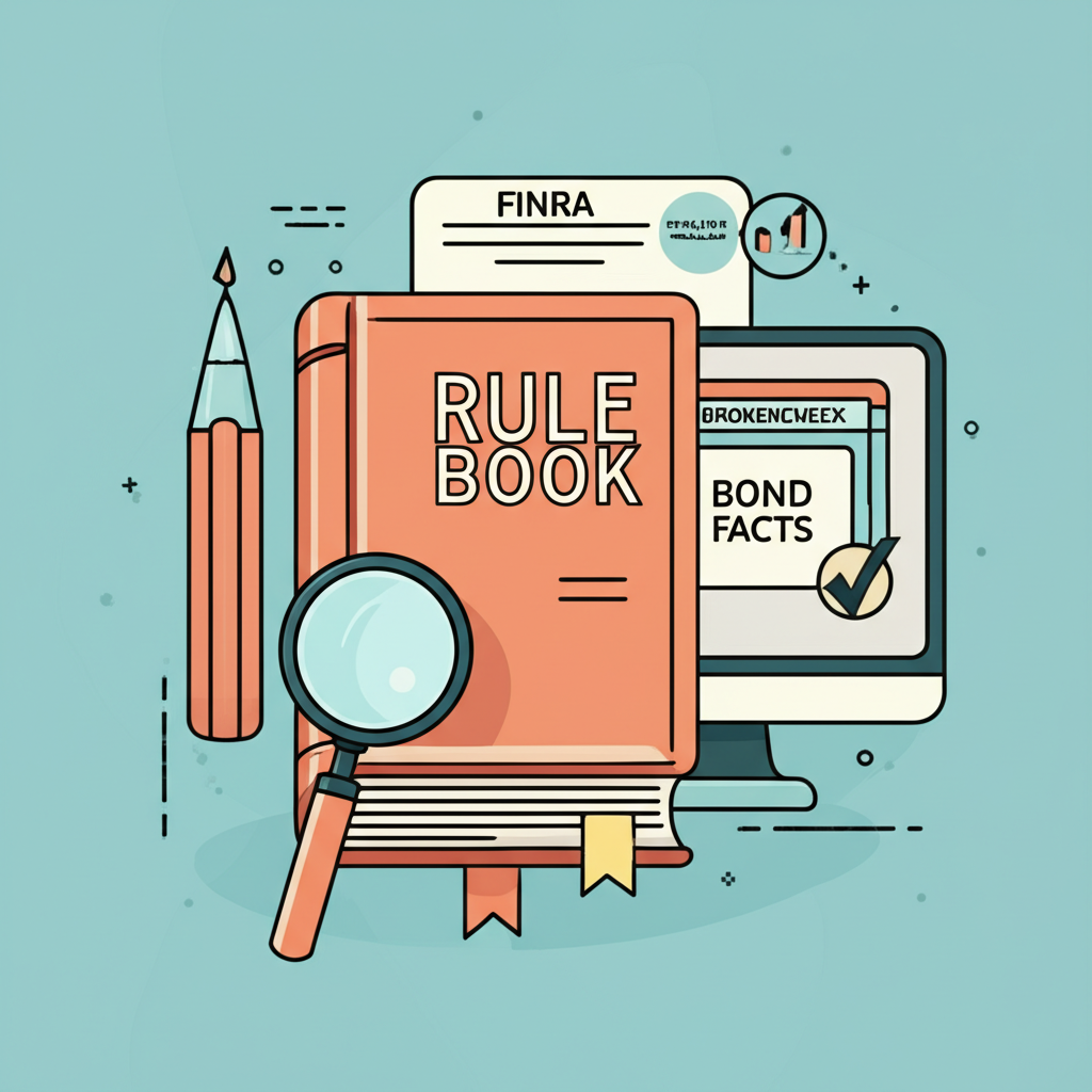 FINRA 工具與規則的插圖,包括規則手冊、審查放大鏡,以及顯示 BrokerCheck 和 Bond Facts 的電腦螢幕,象徵其監管功能