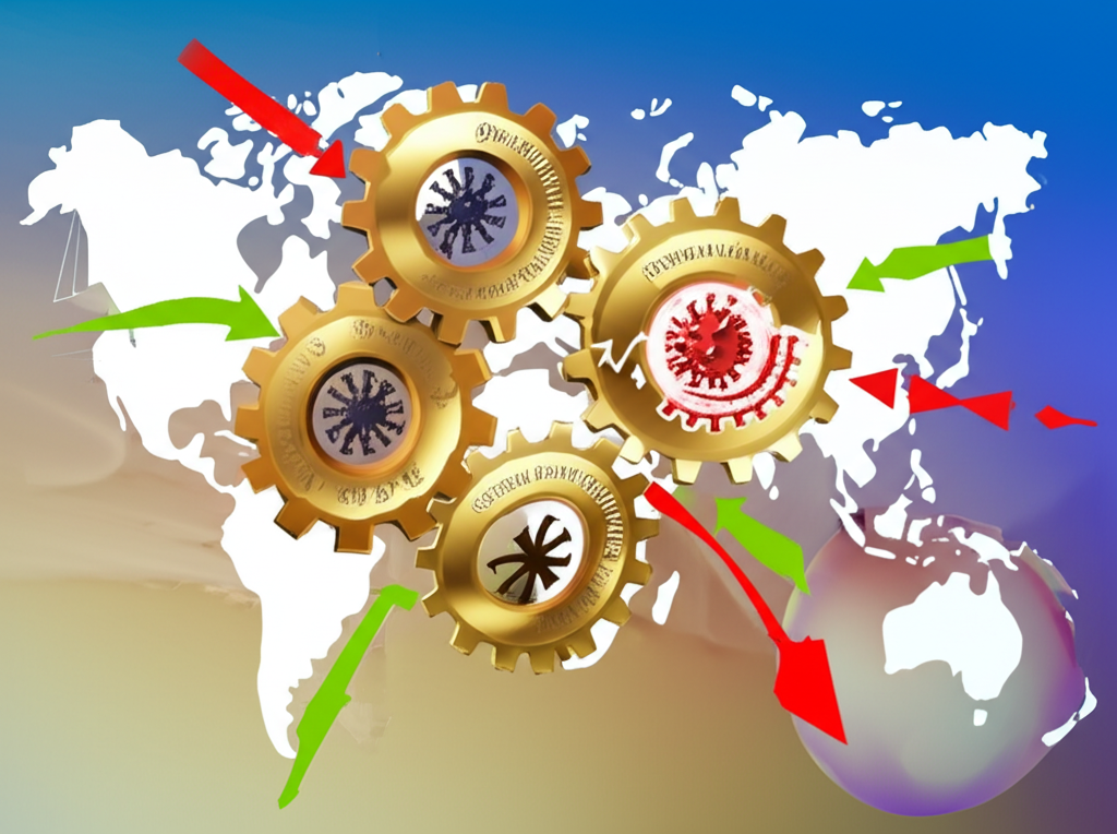 全球事件如經濟繁榮、中央銀行政策及疫情,以齒輪和箭頭圖示影響貨幣價值