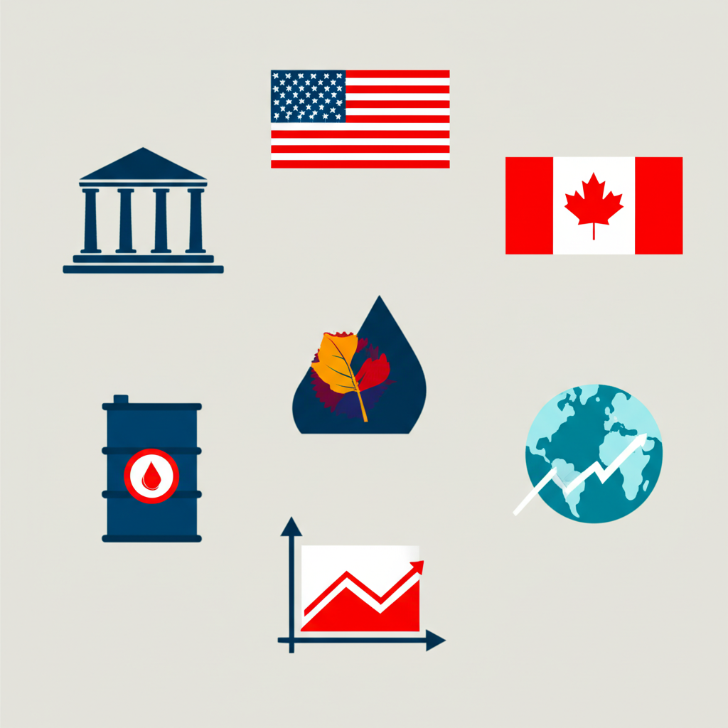 illustration of five distinct icons representing key factors influencing Canadian dollar trends such as a central bank building an oil barrel the US flag a globe for global risk and economic charts