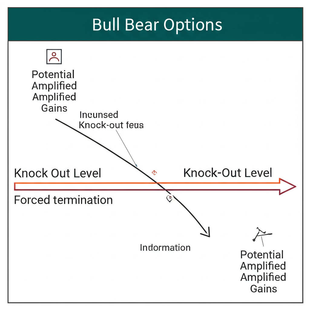 Illustration of a conceptual diagram showing bull bear options as leveraged structured products with a knock out level representing both potential amplified gains and forced termination risk