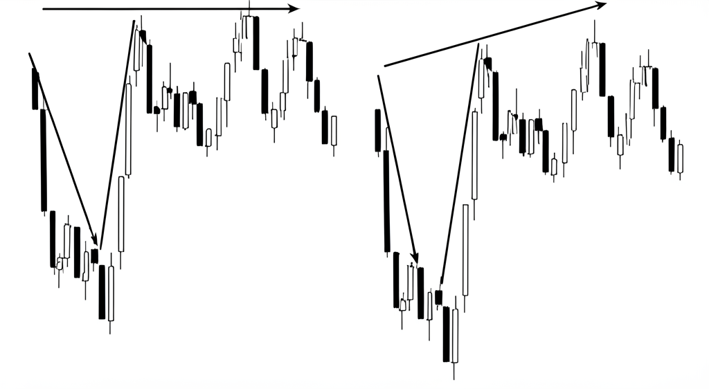 兩個K線圖並排，一個顯示水平頸線連接兩個峰值，另一個顯示傾斜頸線連接上升低點
