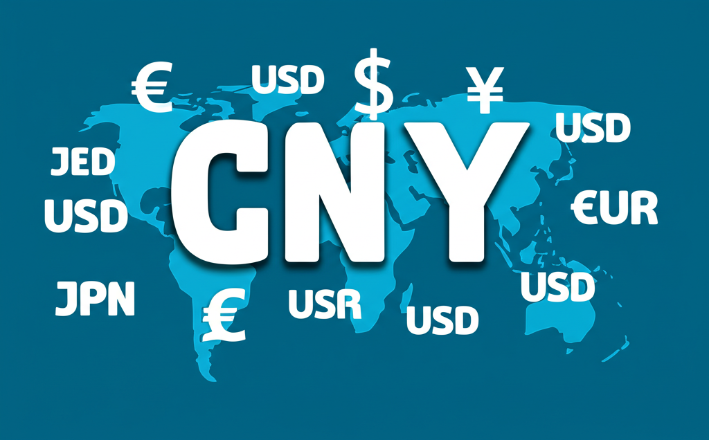 CNY貨幣代碼在全球地圖上醒目顯示,周圍環繞USD、EUR等國際貨幣符號,突顯其作為ISO標準在全球金融交易與匯率中的角色