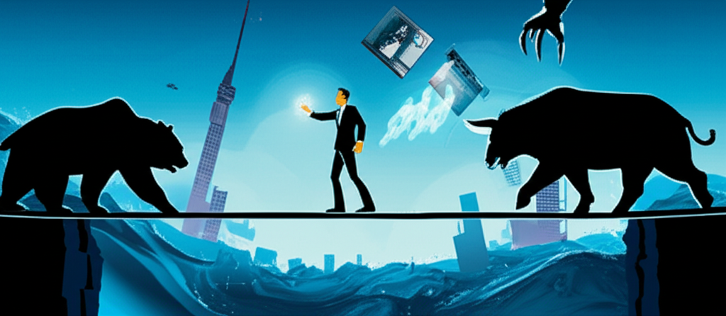 Illustration of an investor navigating a volatile financial market seeking high efficiency trading tools with bull bear options representing a double edged sword high leverage and potential forced recall risk