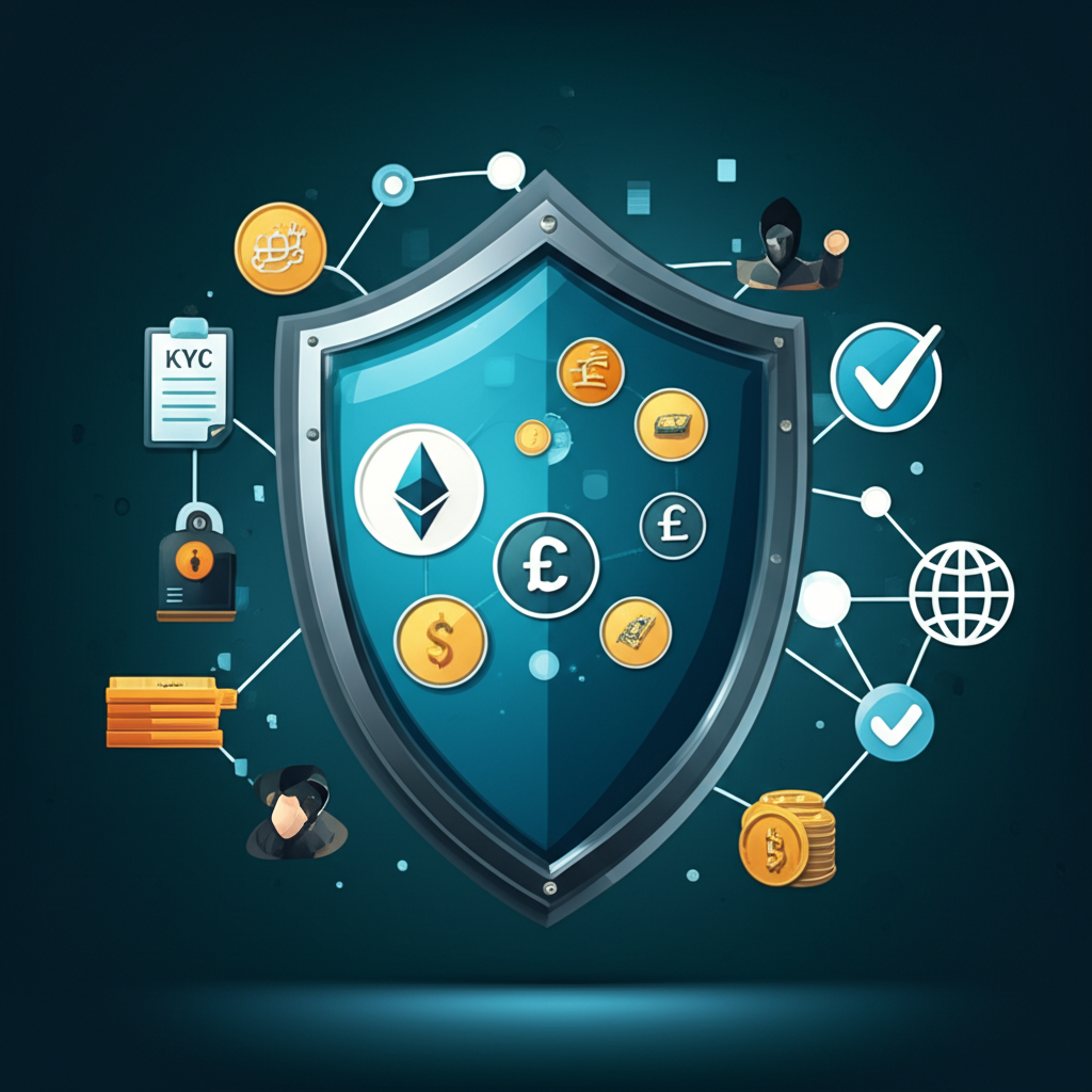 illustration of a shield protecting a financial system from various threats like money laundering and fraud with regulatory documents and global compliance symbols in the background emphasizing the importance of KYC