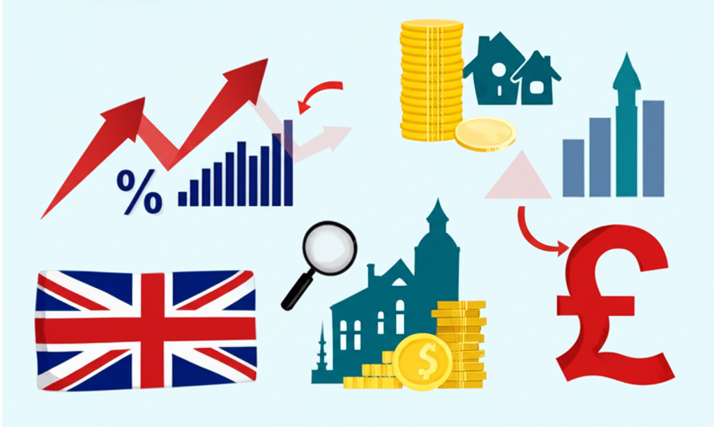放大鏡聚焦GDP、通脹、就業等經濟指標,背景為英鎊符號,代表影響匯率的因素