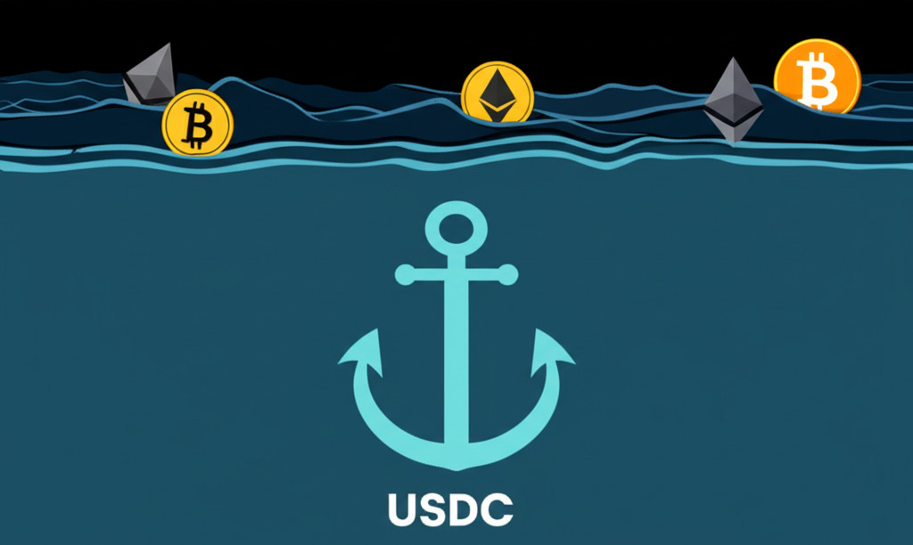 An illustration of a stablecoin USDC as a calm anchor amidst a stormy sea of volatile cryptocurrencies like Bitcoin and Ethereum representing stability in the crypto world