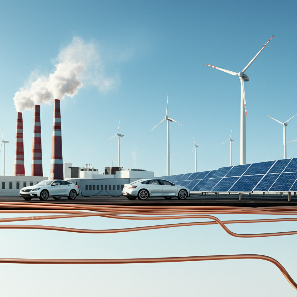 銅線連接全球經濟部門的插圖,包括工廠、電動車和再生能源農場