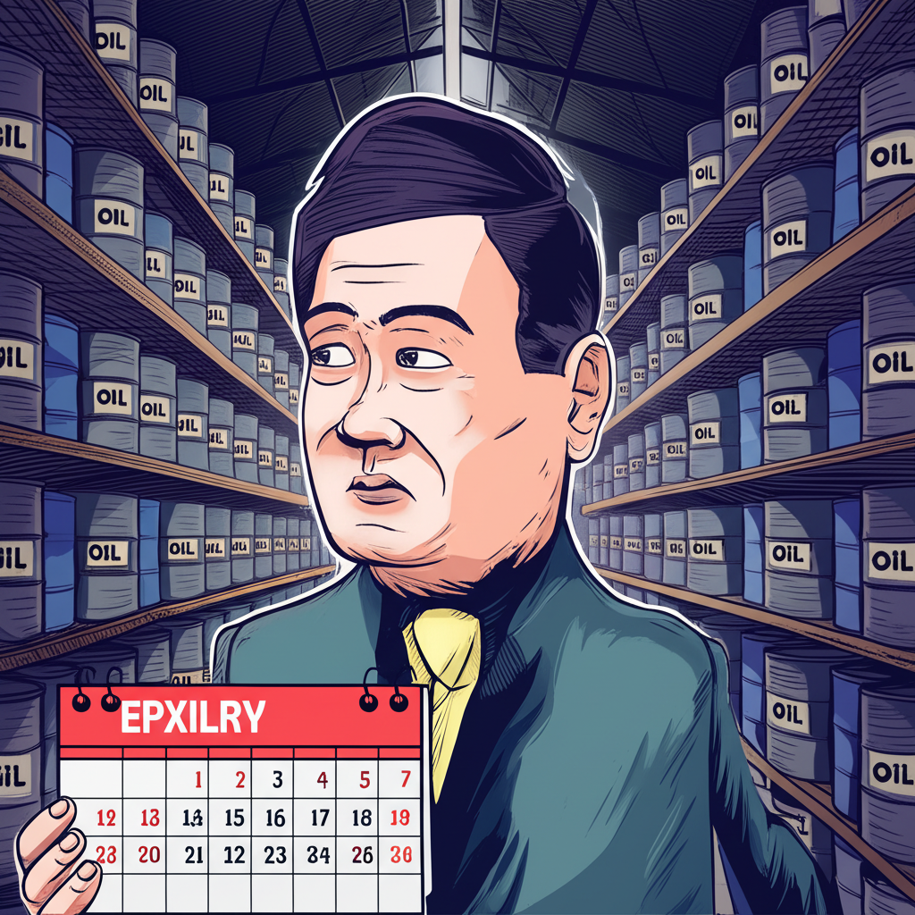 亞洲投資者憂心忡忡地看著堆積如山的石油桶,倉庫中日曆顯示即將到期的期限,強調管理持倉的必要性