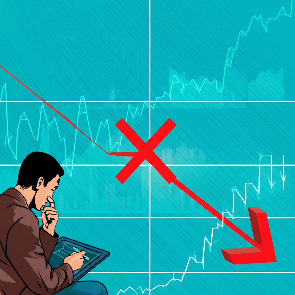 金融市場圖表顯示向下趨勢與死亡交叉紅色符號,擔憂投資者觀看股票市場圖表