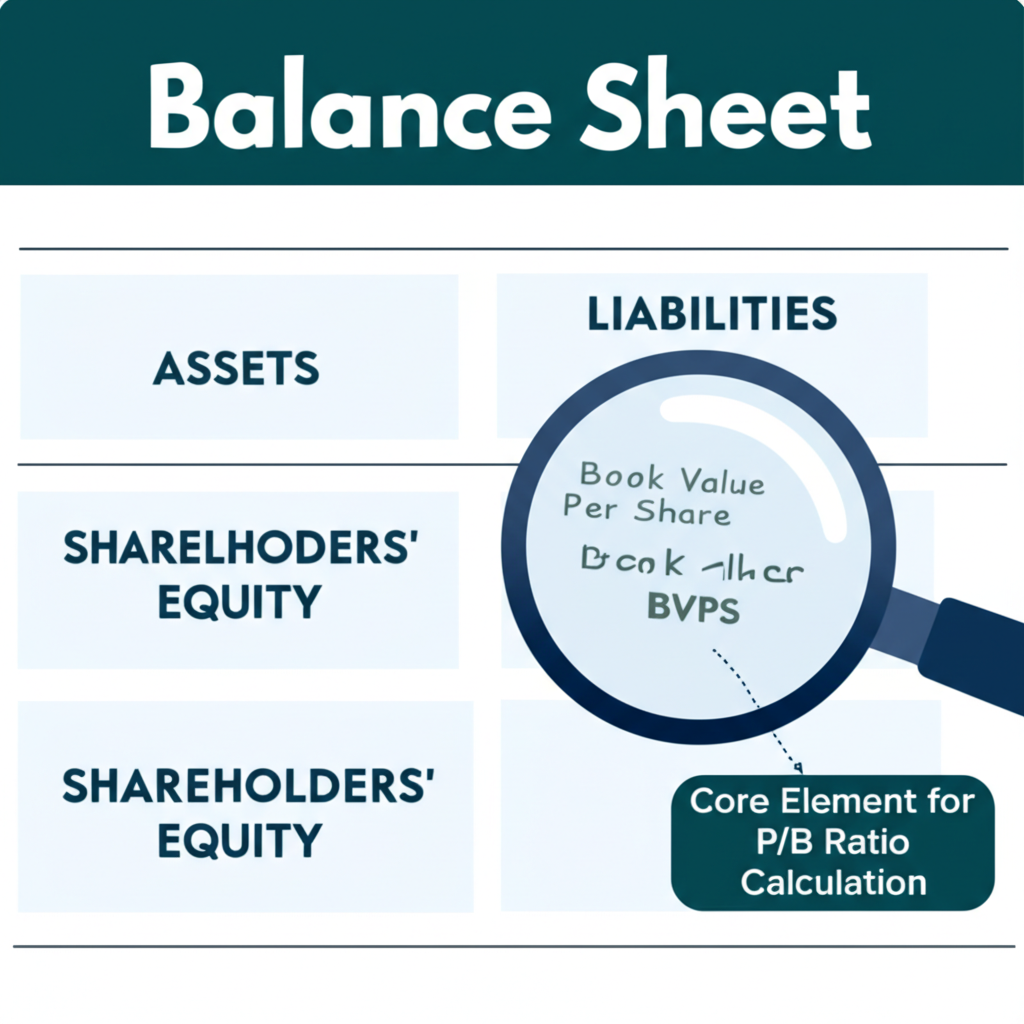 公司資產負債表示意,資產負債與股東權益重點標示,放大鏡聚焦每股淨值作為本淨比核心元素