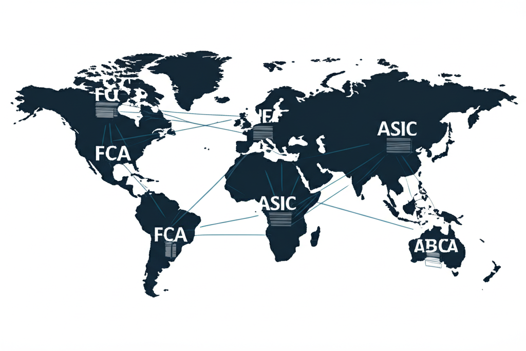 全球監管機構如FCA、NFA、ASIC在世界地圖上守護外匯經紀商的插圖