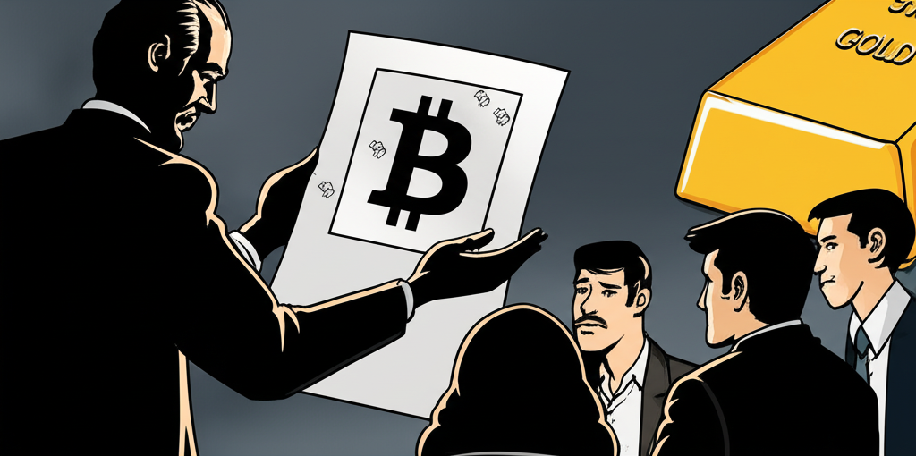 神秘身影中本聰呈現比特幣白皮書給早期科技愛好者的插圖,背景有數位黃金條