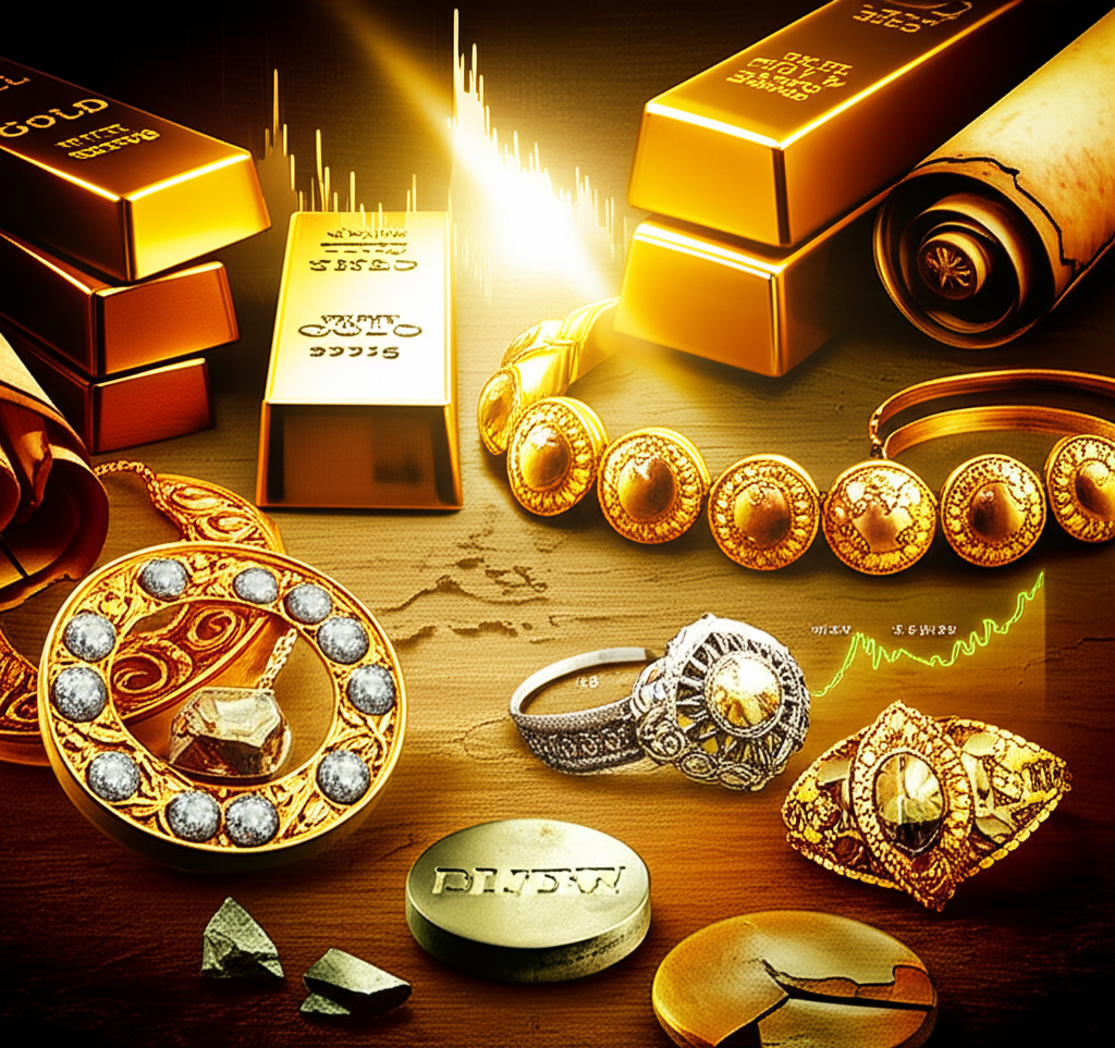 illustration of glowing gold and silver bars and jewelry surrounded by ancient scrolls and modern financial graphs highlighting their stability rarity and enduring value compared to corroding common metals