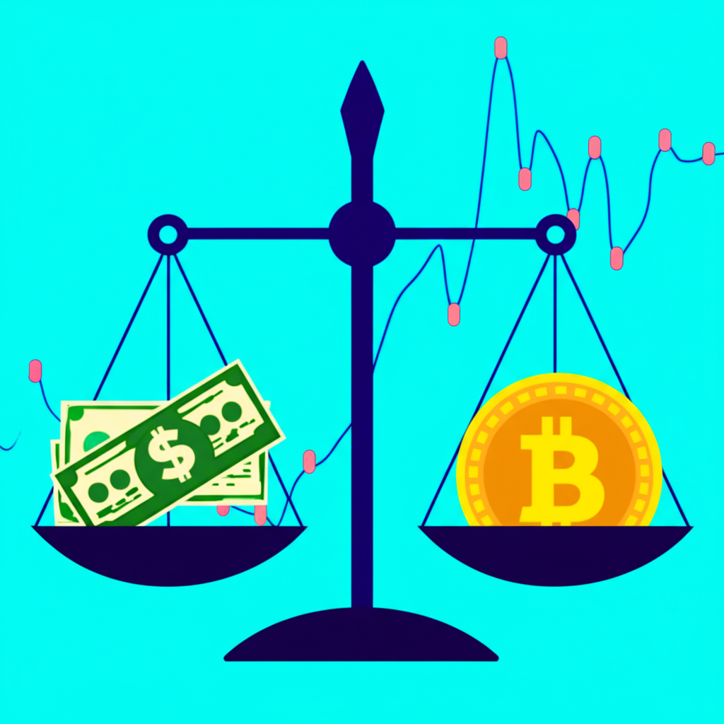 An illustration of Bitcoin as digital gold balancing on a scale with traditional currency on one side and a volatile price chart on the other representing potential and risks