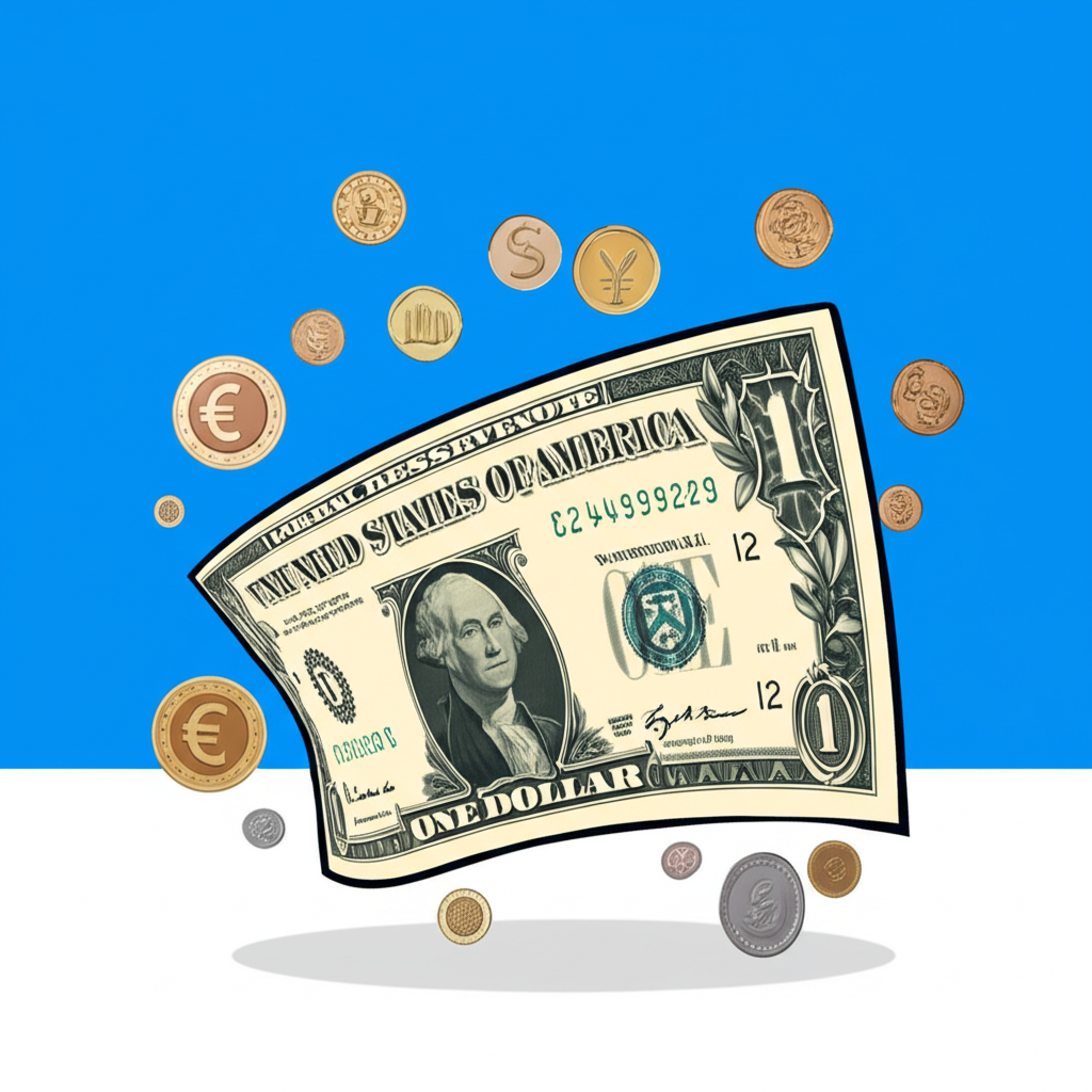 美元鈔票相對於歐元、日圓、英鎊等國際貨幣縮水圖示,象徵美元貶值過程