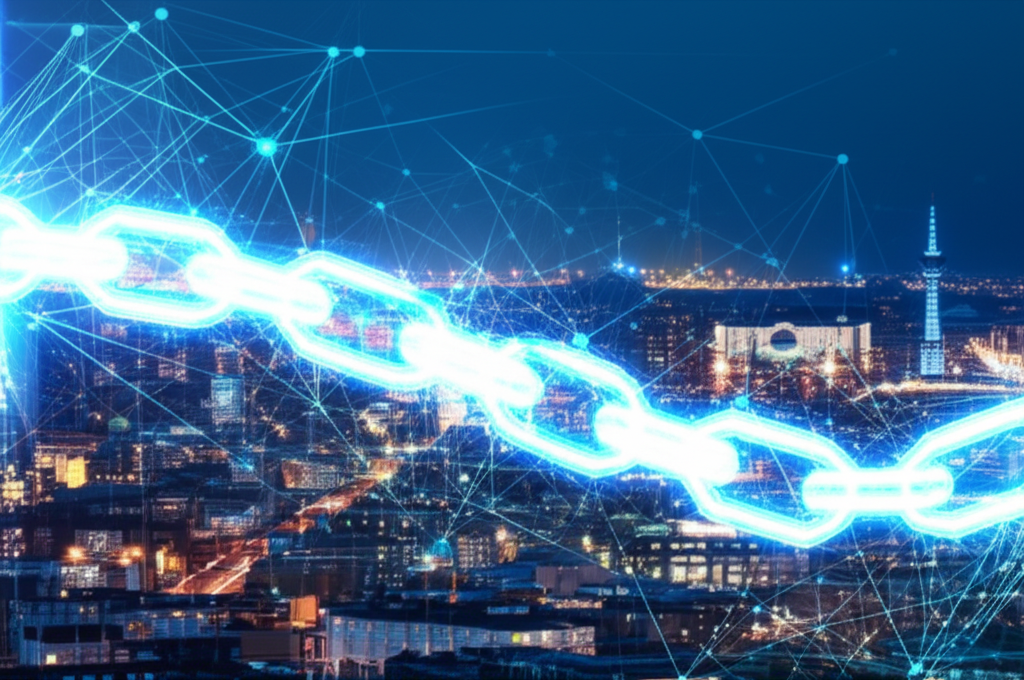 An illustration of blockchain and artificial intelligence technologies intertwining creating a glowing synergy effect representing a new era of trust and intelligence digital lines and neural networks connecting futuristic city in background