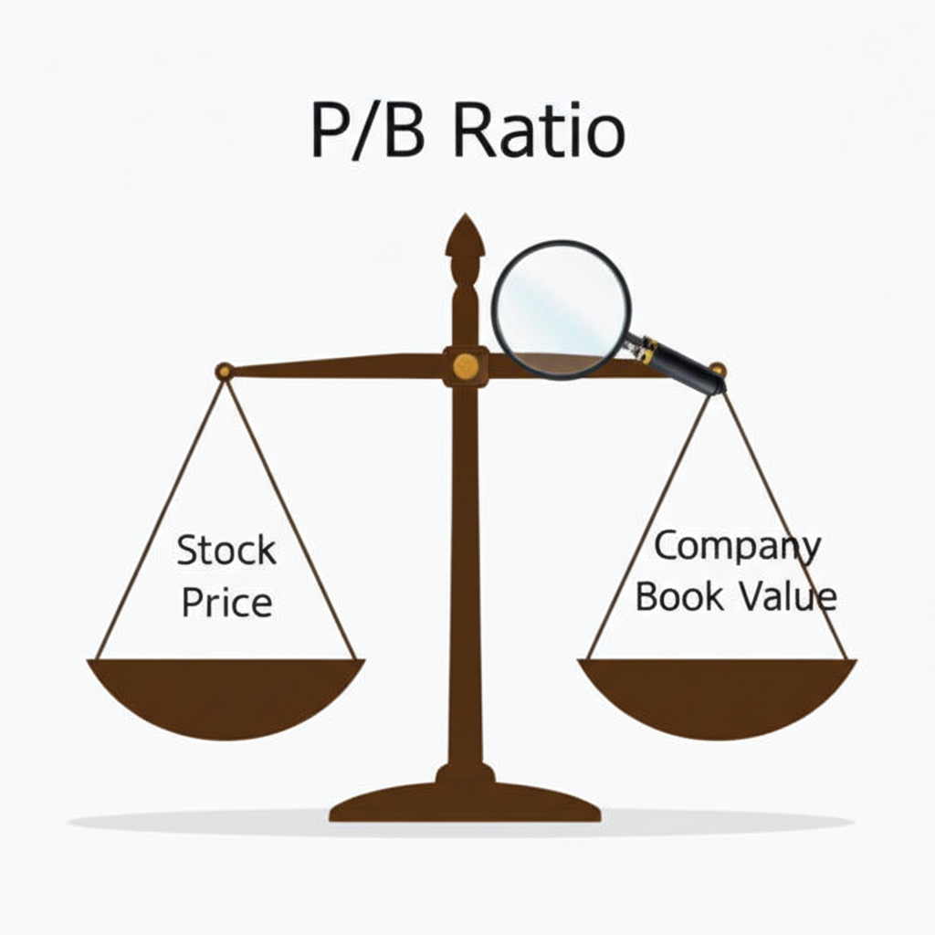 本淨比平衡秤示意圖,股價與公司帳面價值比較,放大鏡檢視市場對資產的評估