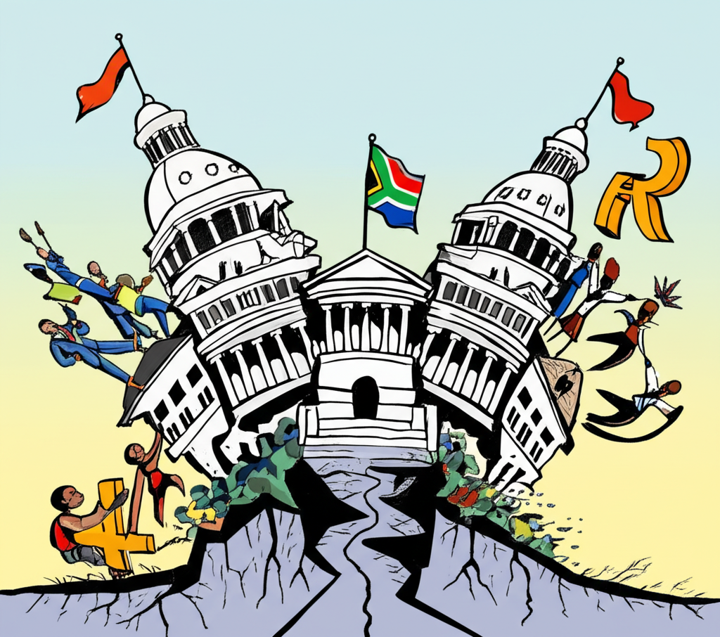 南非政治不穩示意圖,政府建築搖晃、派系衝突與不確定前路影響幣值符號