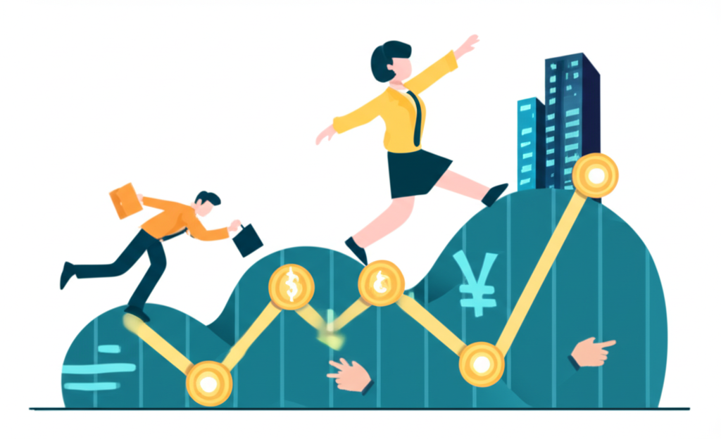 個人與企業在波動匯率圖表中航行,象徵理解並適應匯率變動的財務建議