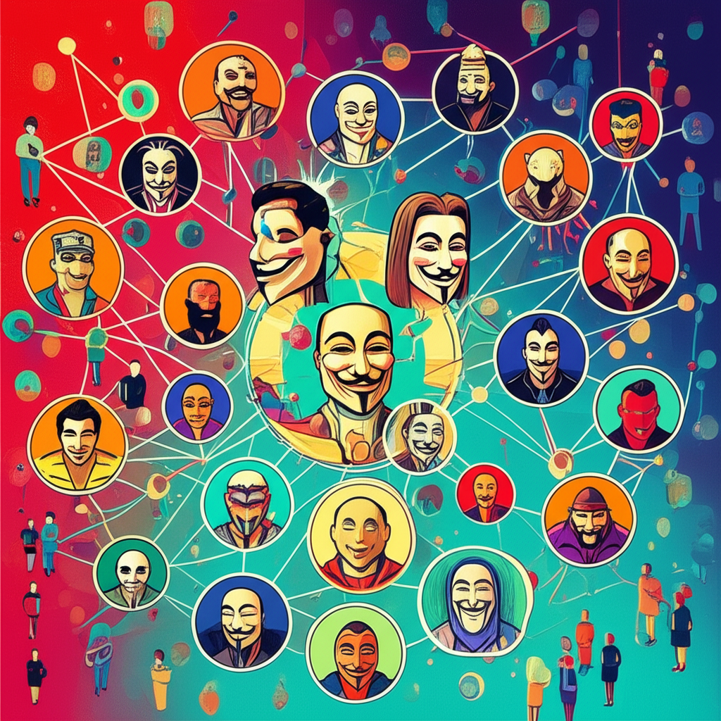 A vibrant illustration of a public blockchain network with diverse anonymous users freely joining sending and validating transactions emphasizing its permissionless and highly decentralized nature