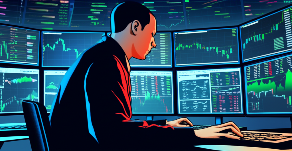 一位專注的交易者在多個螢幕前快速執行交易，捕捉動態市場中的小額利潤