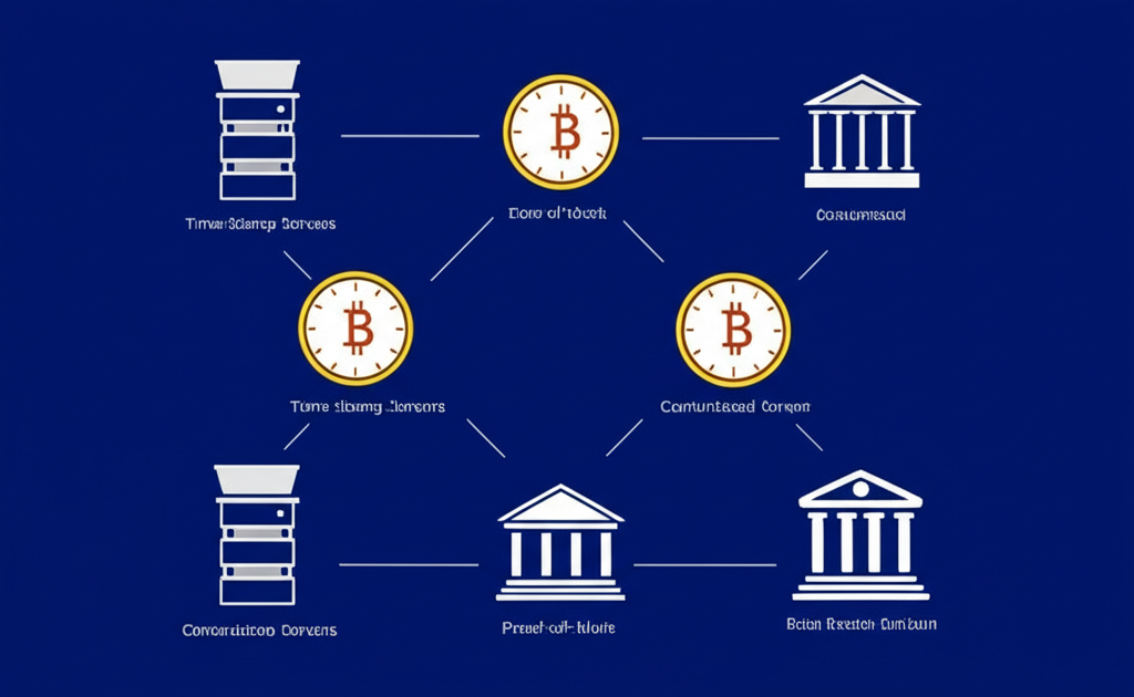 密碼學元素、時間戳伺服器和工作量證明機制形成的插圖,展示安全且防篡改的交易記錄系統,挑戰中心化銀行模式
