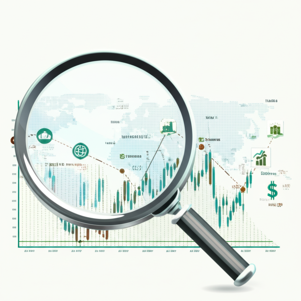 紐幣匯率歷史走勢圖表插圖，顯示高峰與低谷，並有放大鏡檢視全球經濟事件影響