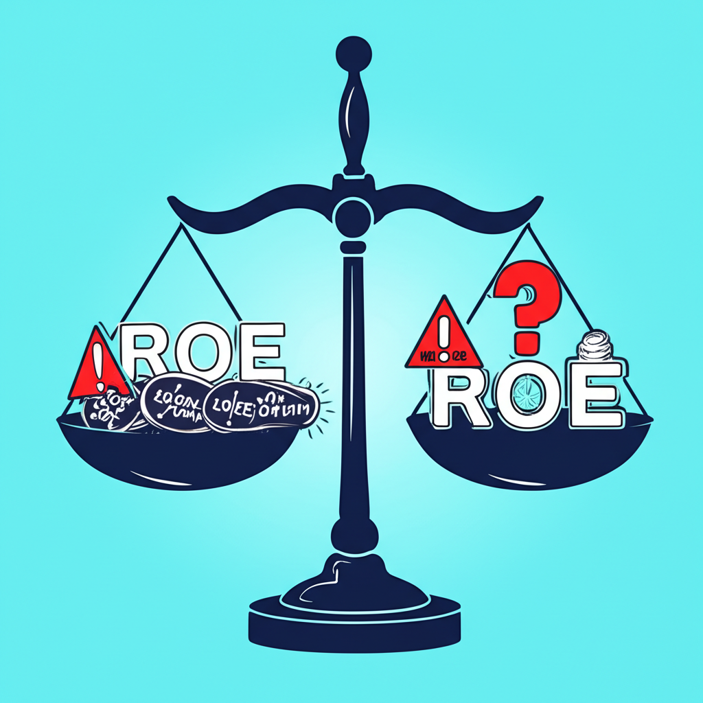 兩個天平,一邊高 ROE 符號與高負債警告,另一邊低 ROE 符號與問號,比較優劣情境