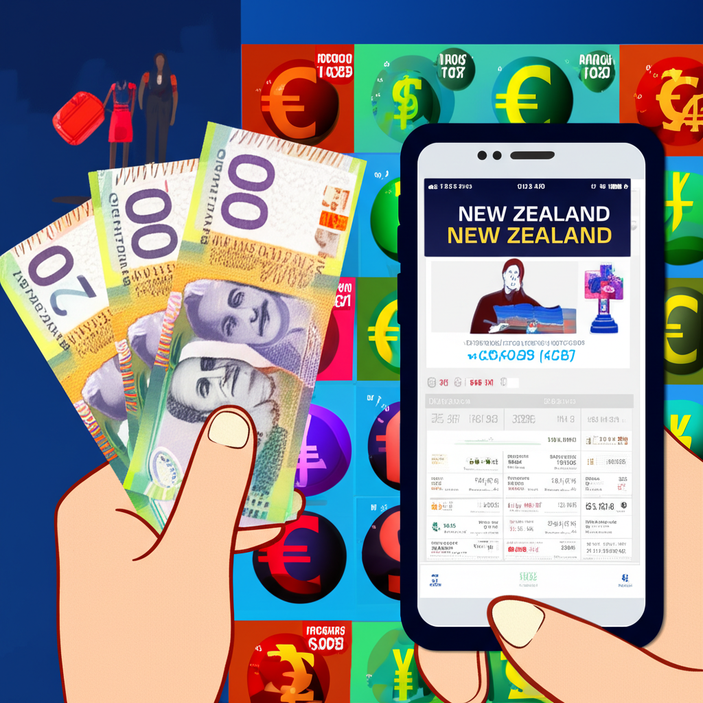 手持紐西蘭幣鈔票與顯示即時匯率的智慧手機插圖，背景有全球貨幣與紐西蘭旅行規劃