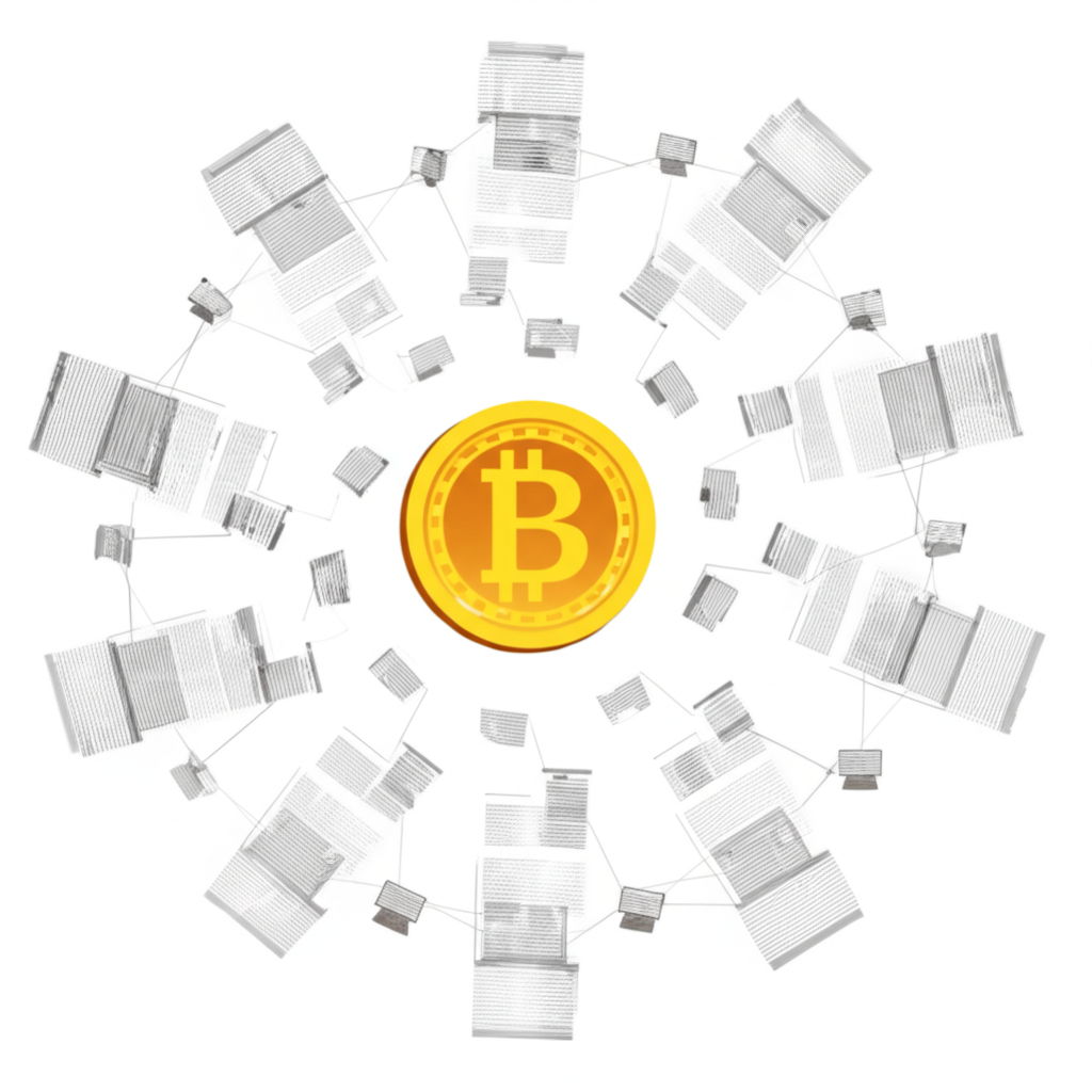 去中心化數位貨幣插圖,以比特幣符號為核心,連結全球電腦節點,每個節點持有透明區塊鏈帳本的片段,顯示交易記錄