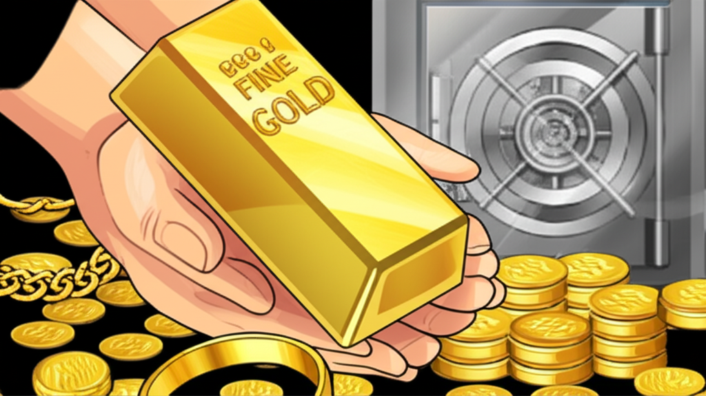 手持閃耀金條周圍環繞金飾、錢幣與保險庫的插圖,象徵實體財富與傳統擁有權