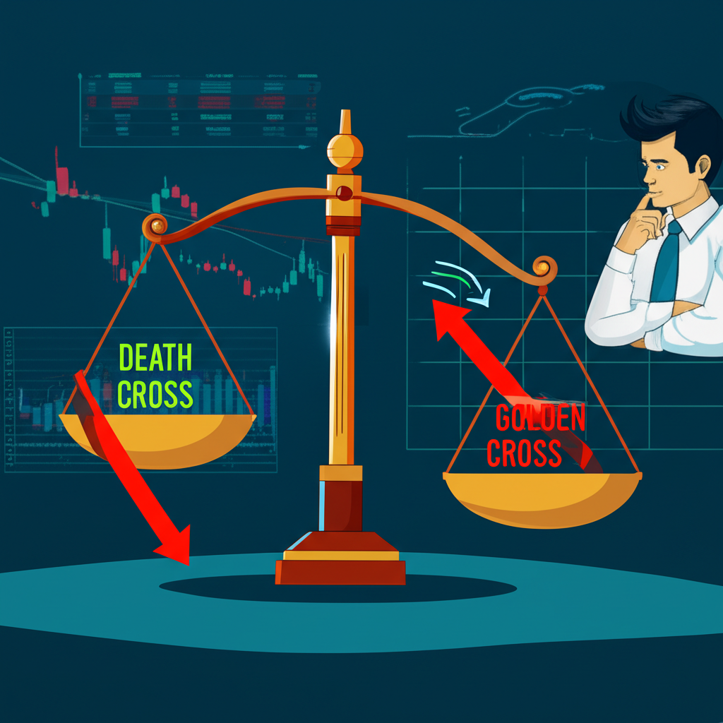 平衡秤一側向下代表死亡交叉,另一側向上代表黃金交叉,聰明投資者在金融環境中分析