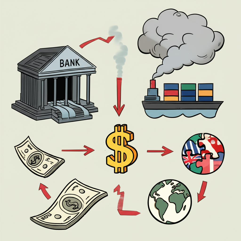 影響美元貶值的經濟因素圖示,如央行印鈔、通脹上升、貿易赤字擴大、全球經濟成長與地緣政治風險