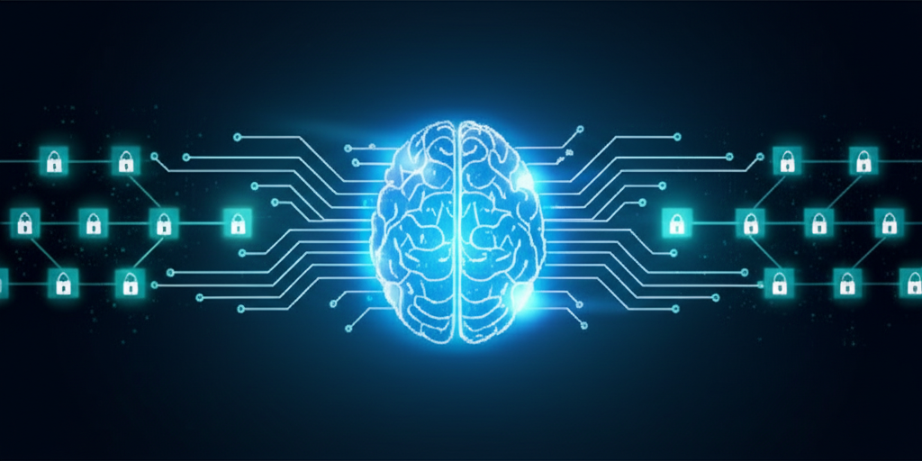 An illustration showing two distinct entities blockchain represented by interconnected encrypted blocks and artificial intelligence depicted as a glowing brain with data streams flowing between them highlighting core concepts