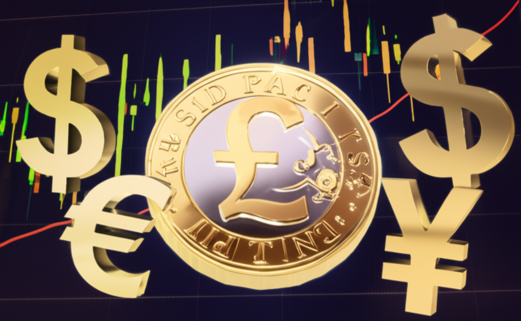 英鎊幣周圍環繞美元、歐元、日圓等貨幣符號,背景為金融圖表,突顯其全球地位與高流動性