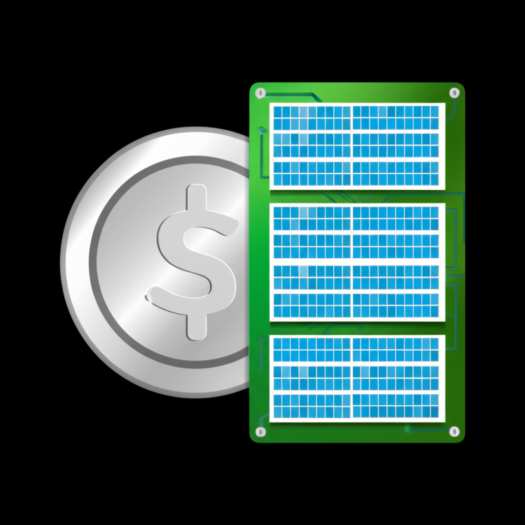 一枚白銀幣與電路板及太陽能電池相連,由齒輪連結,象徵白銀作為貨幣與工業金屬的雙重角色