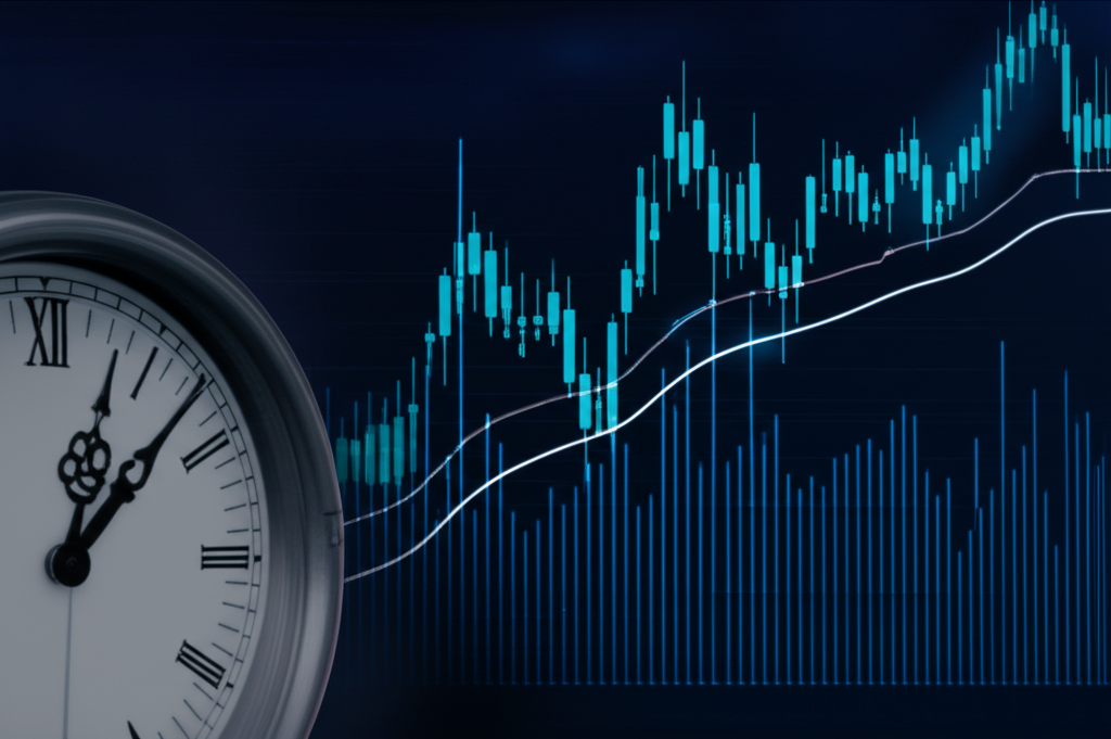 時鐘與金融圖表顯示快速價格波動,強調期貨當沖的當日買賣與無過夜持倉
