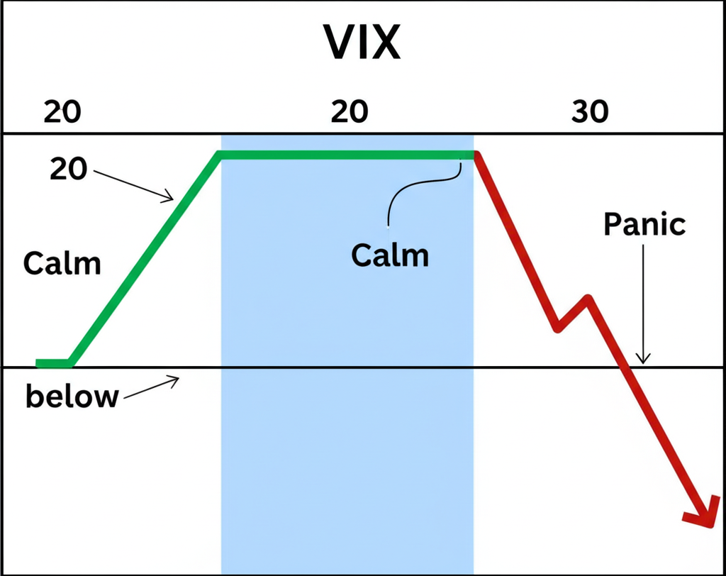 VIX 指數從平靜低於 20 到恐慌高於 30 的刻度,伴隨股市反應如穩定成長或急劇下跌