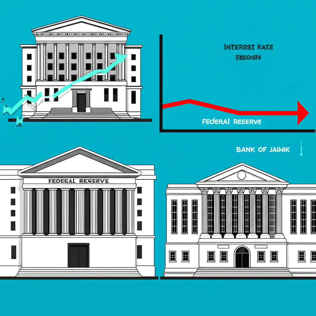 兩座央行建築圖示,一為美國聯準會伴隨上升利率圖表,另一為日本央行伴隨平穩或負利率圖表,顯示寬廣利率差距