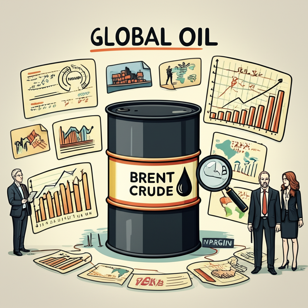 全球油市示意圖,布蘭特原油桶置中,周圍環繞風險與獲利圖表,放大鏡聚焦保證金一詞,多樣投資人表情各異