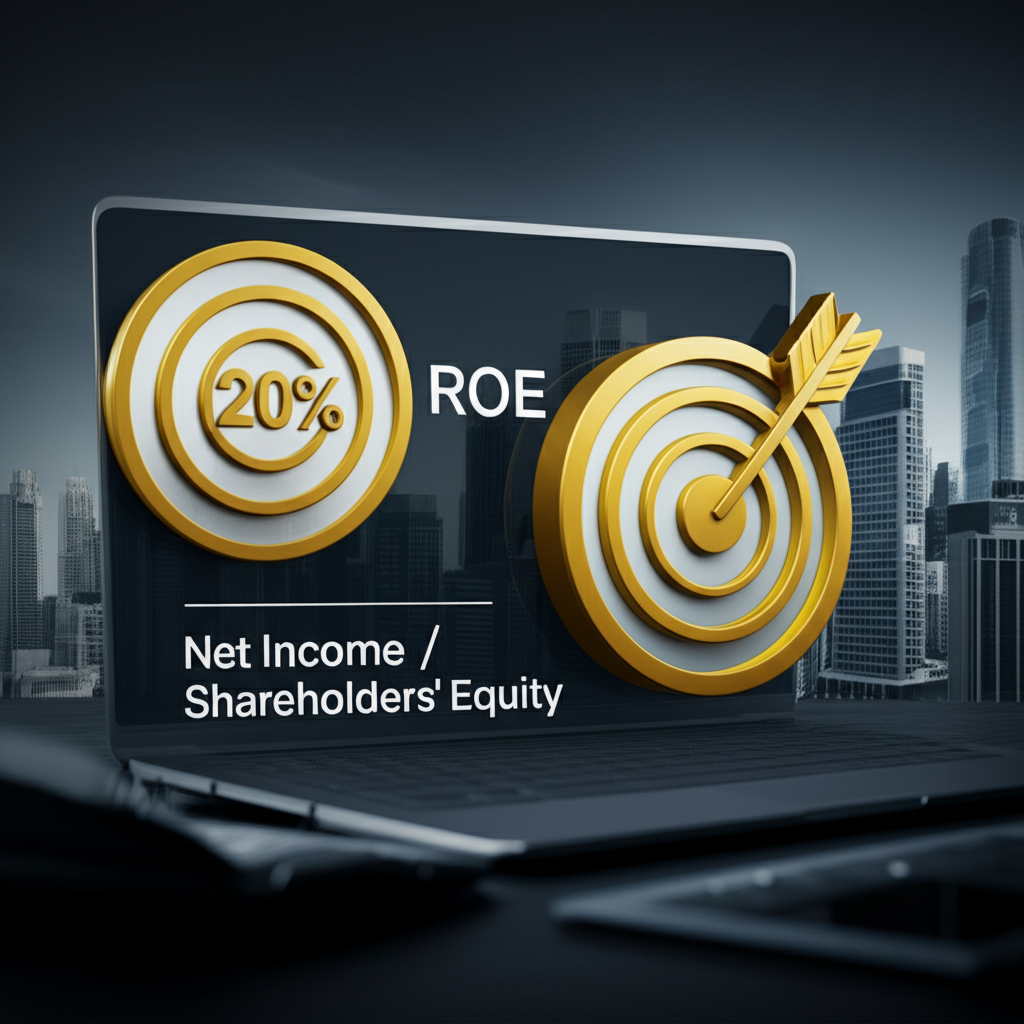 財務儀表板顯示ROE公式稅後淨利除以股東權益，金色20%目標圖標與繁榮商業景觀