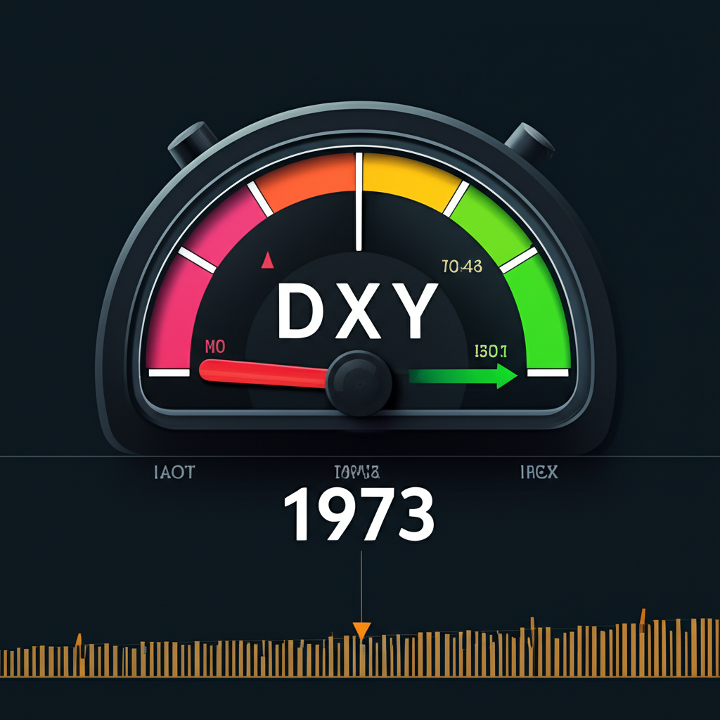 DXY指數儀表板插圖,顯示上升或下降值,背景為1973年歷史時間線,作為美元強弱基準