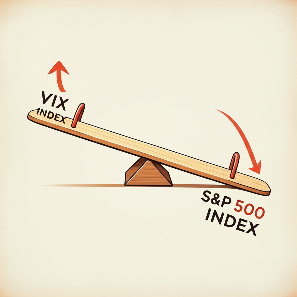 VIX 指數上升與 S&P 500 指數下降的跷跷板插圖,代表負相關與市場恐慌