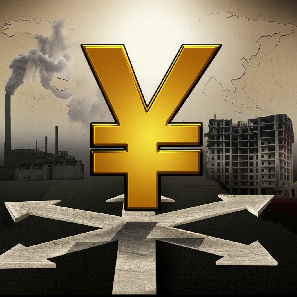 人民幣符號站在十字路口,面對房地產與地緣政治等經濟挑戰